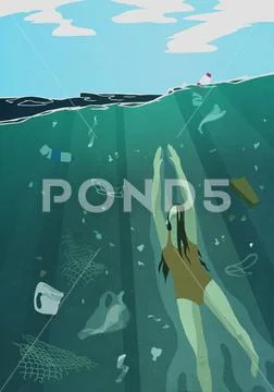 Woman swimming underwater in ocean surrounded by pollution Stock Illustration
