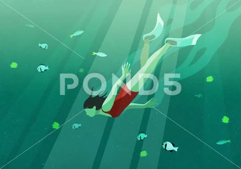 Woman swimming underwater in ocean surrounded by fish Stock Illustration