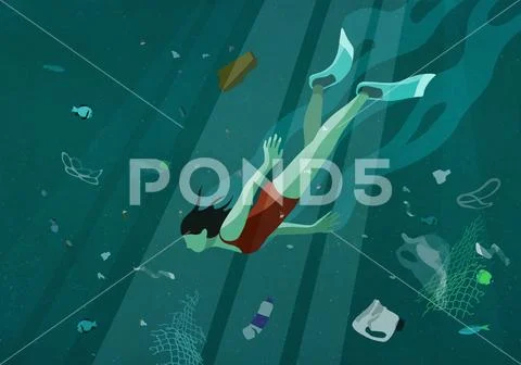 Woman swimming underwater in sea among pollution Stock Illustration