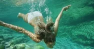 Woman Swimming Underwater In Slow Motion Wearing White Bikini Diving Down  Stock Footage