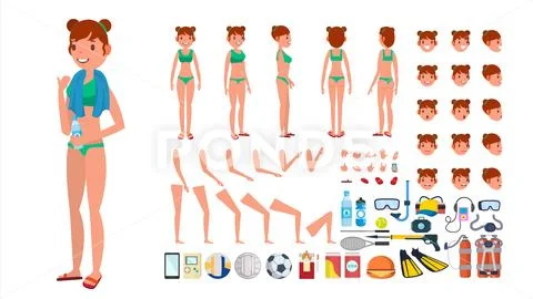 Woman In Swimsuit Vector. Animated Female Character In Swimming Bikini. Summer Stock Illustration