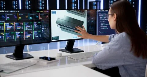 Woman Systems Engineer Monitors Multiple Servers Using Advanced 3D Software. Stock Photos