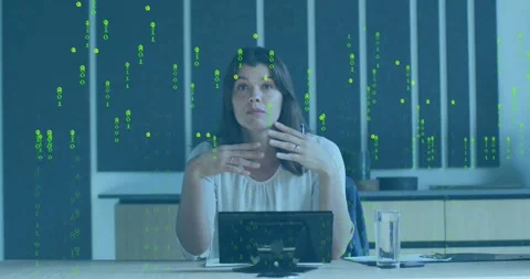 Woman at table, addressing camera, gesturing to clarify business data, green Stock Footage 331571082