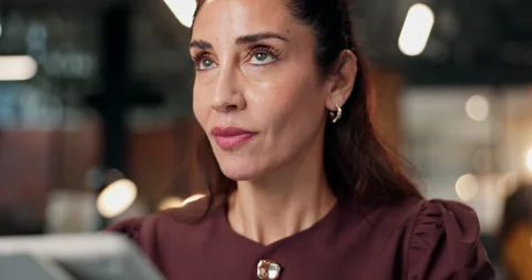 Woman, tablet and thinking in workplace with research, ideas for marketing Stock Footage 340608744