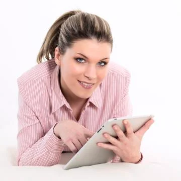 Woman with tablet at home Foto stock