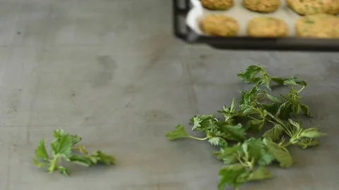 Woman taking baking pan full of veggie burgers Video stock 74015601