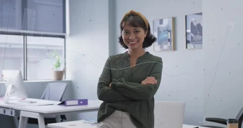 Woman taking camera cue, folding arms, laughing in office for business with Stock Footage 333898963