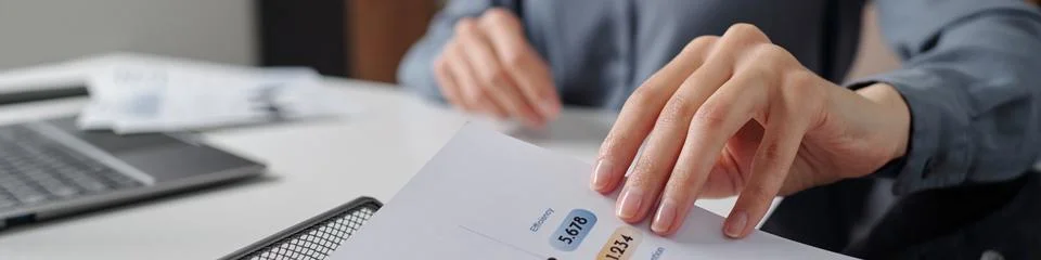 Woman Taking Documents with Data Statistics Header Image Stock Photos