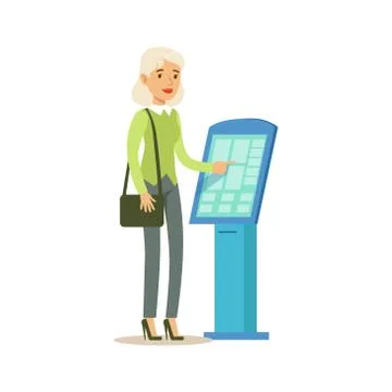 Woman Taking Electronic Queue Ticket. Bank Service, Account Management And Stock Illustration