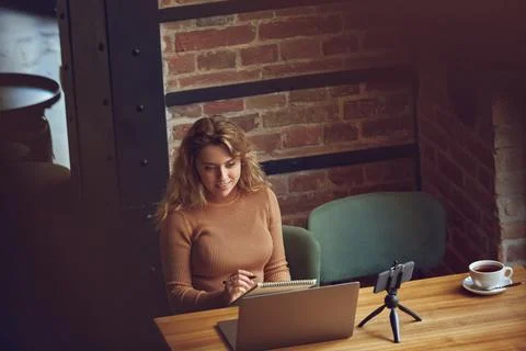 Woman taking notes while looking at computer screen Stock Photos
