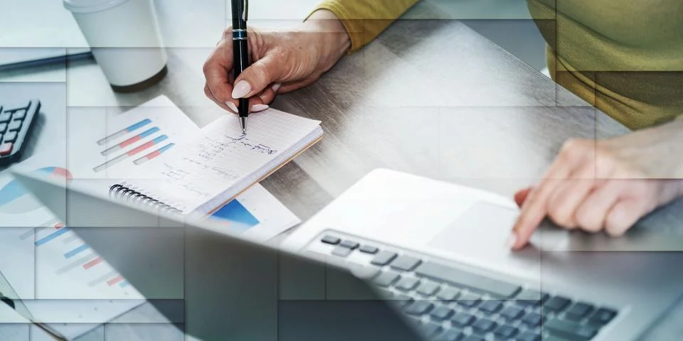 Woman taking notes while using laptop, geometric pattern Stock Photos