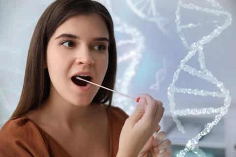 Woman taking sample for genetic testing indoors. Illustration of DNA structur Foto stock