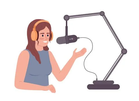 Woman talking into adjustable microphone stand semi flat color vector character Stock Illustration