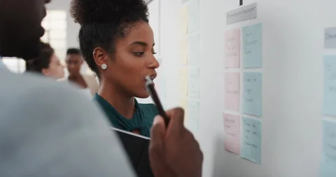 Woman, talking and notes on whiteboard in meeting for training, planning and Stock Footage 336720332