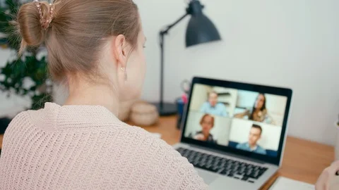Woman Talks by Online Group Video Call Conference of Work Team from Home Office Stock Footage