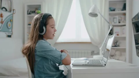 Woman talks to web camera making distance online video conference call Stock Footage 133165264