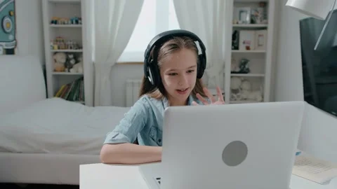 Woman talks to web camera making distance online video conference call Stock Footage 133165555