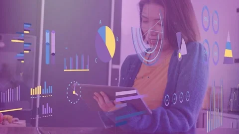 Woman tapping and scrolling tablet in kitchen, pie or bar charts and radial Stock Footage 334693960