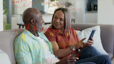 Woman tapping dark-blue tablet and guiding man, causing tech data graphics Stock Footage 333510338