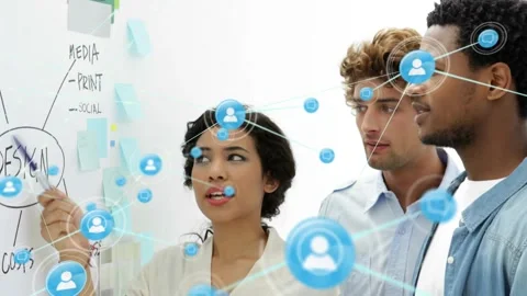 Woman tapping DESIGN mind map on whiteboard, team moving, blue overlay Stock Footage 321378010