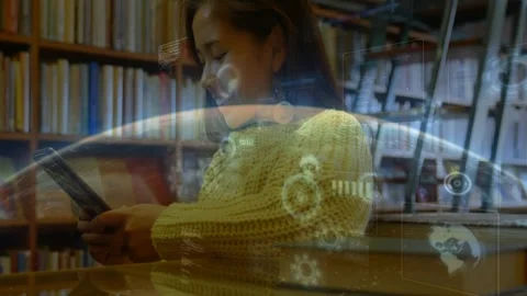Woman tapping device in library, activating tech overlays sweeping over books Stock Footage 333998634