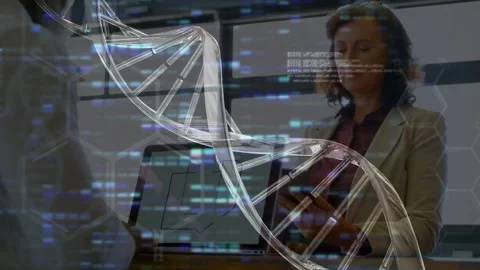 Woman tapping handheld in bio lab, updating rotating DNA helix and code on Stock Footage 331216730