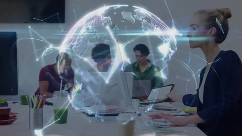 Woman tapping keys, node network forming rotating globe above table, team Stock Footage 331272848