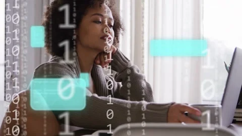Woman tapping laptop causing animated, binary, teal UI overlays, picking mug Stock Footage 333859565