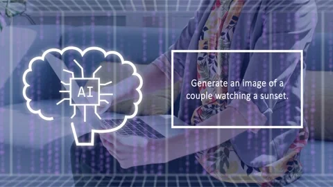 Woman tapping laptop on couch making prompt and AI brain icon settling overlays Stock Footage 334013724