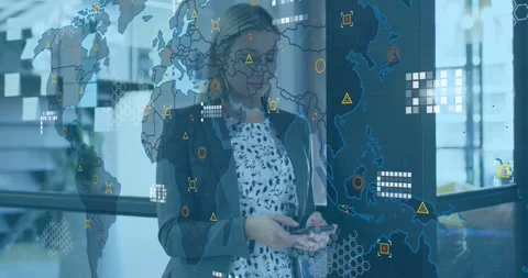 Woman tapping phone and checking biz data, causing animated world map on glass, Stock Footage 331236116