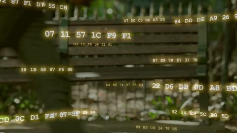 Woman tapping phone on bench, checking phone, starting tech code overlay Stock Footage 334744492