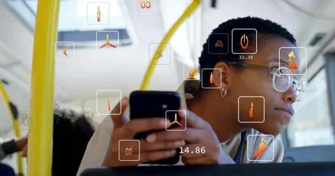 Woman tapping phone on bus, checking transit tech data, orange AR icons Stock Footage 329703051