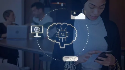 Woman tapping phone causing AI brain overlay growing over torso, binary icons Stock Footage 334744393