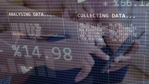 Woman tapping phone, causing pie chart rotation, labels COLLECTING DATA and Stock Footage 335211767
