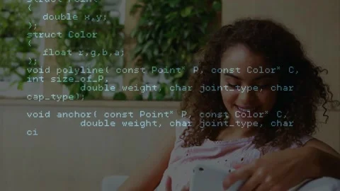 Woman tapping phone on couch, code overlay expanding across frame revealing APIs Stock Footage 331227623