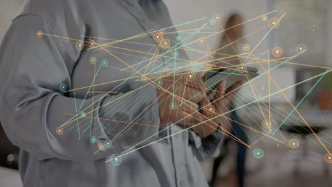 Woman tapping phone, making tech overlay visualizing data while camera widening Stock Footage 333192907
