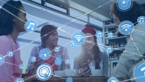 Woman tapping phone starting node web with WiFi chat icons spreading across Stock-Footage 331614236