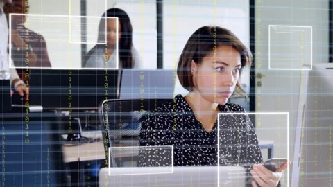 Woman tapping phone while checking business data, causing transparent binary Stock Footage 333894300