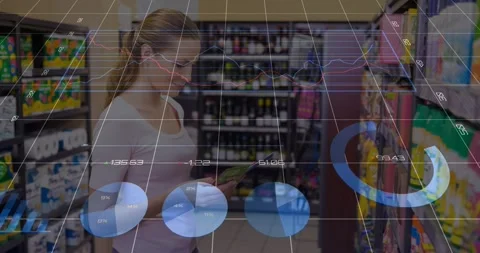Woman tapping smartphone and comparing product price in grocery aisle, AR charts Stock Footage 322706505