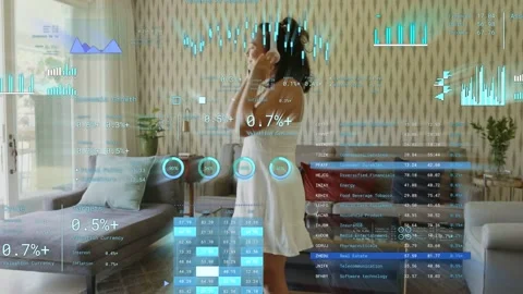 Woman tapping smartphone and dancing to music in living room, headphones syncing Stock Footage 333553211