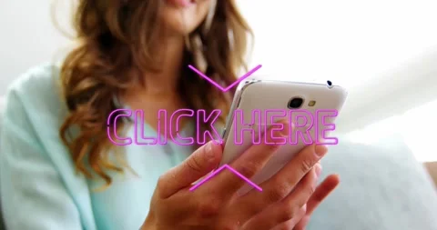 Woman tapping smartphone, camera moving up revealing smile, fixed CLICK HERE Stock Footage 331735806