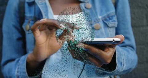 Woman tapping smartphone causing point cloud expansion into 3D mesh mapping Stock Footage 318475129