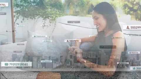 Woman tapping smartphone, causing skyline data tags to expand and showing tech Stock Footage 330003299