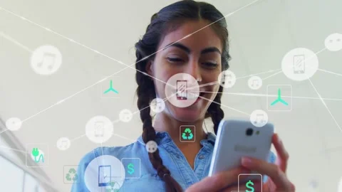 Woman tapping smartphone, creating app icons and connecting lines expanding for Stock Footage 328485471