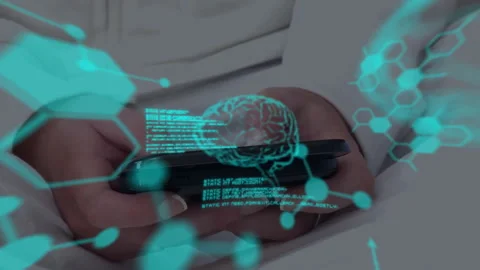 Woman tapping smartphone, scrolling code revealing molecular brain hologram Stock Footage 310316207