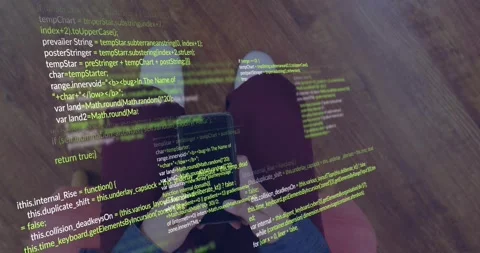 Woman tapping smartphone top-down, projecting code overlay expanding across lap Stock Footage 330767899