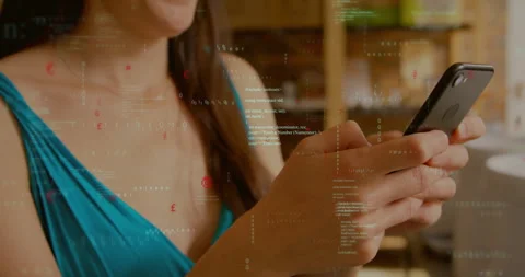 Woman tapping smartphone while digital code floating over smartphone screen in Video stock 307450121