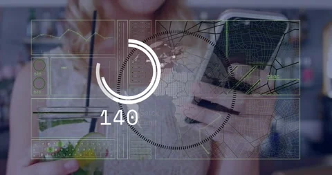 Woman tapping smartphone while holding drink in cafe, checking AR analytics Stock Footage 330003139