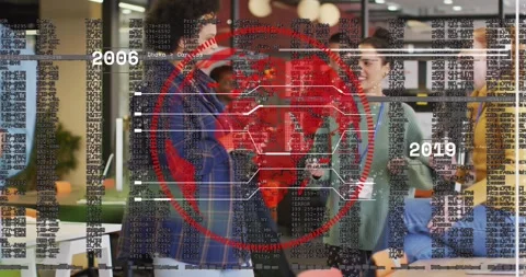 Woman tapping table activating globe timeline with code streams, coworkers Stock Footage 318046378