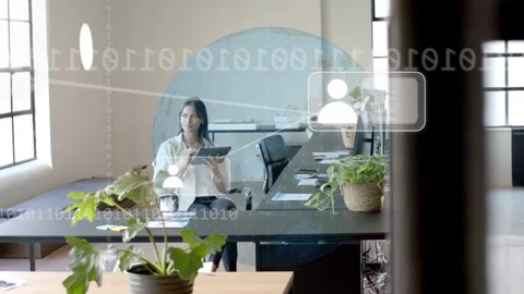 Woman tapping tablet, activating animated user icons and globe, visualizing Stock Footage 334728971